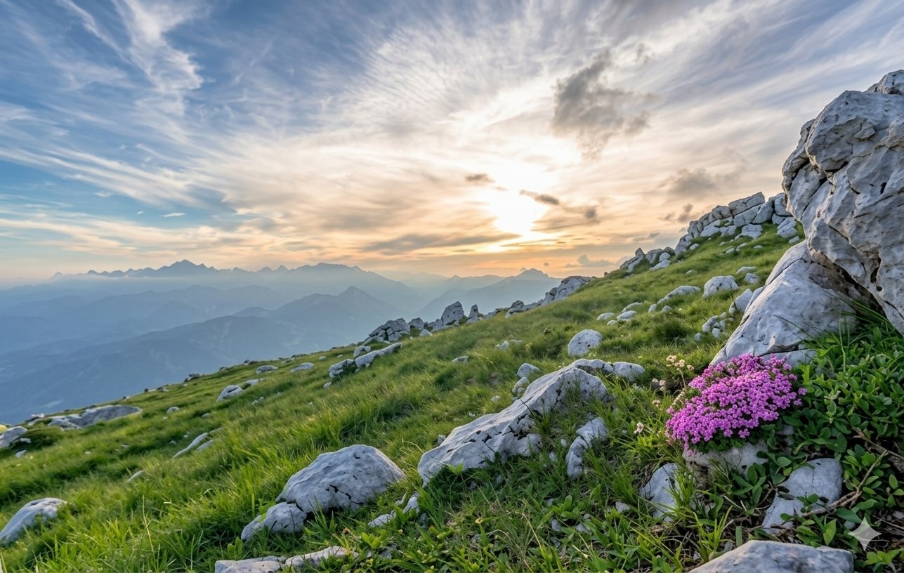 Serene mountain path with pink flowers at dawn